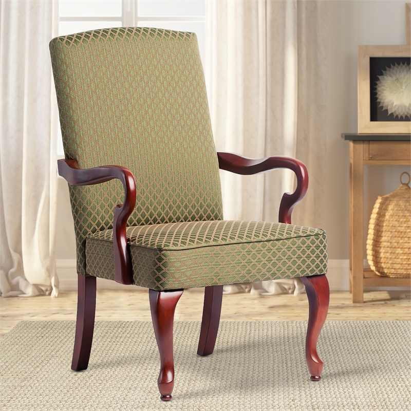 Pemberly Row Green Jacquard Fabric Solid Wood Gooseneck Arm Chair