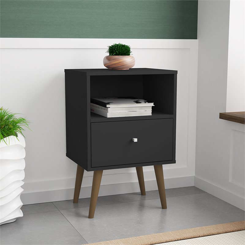 Pemberly Row Contemporary 1-Drawer Wood Nightstand 1.0 in Black