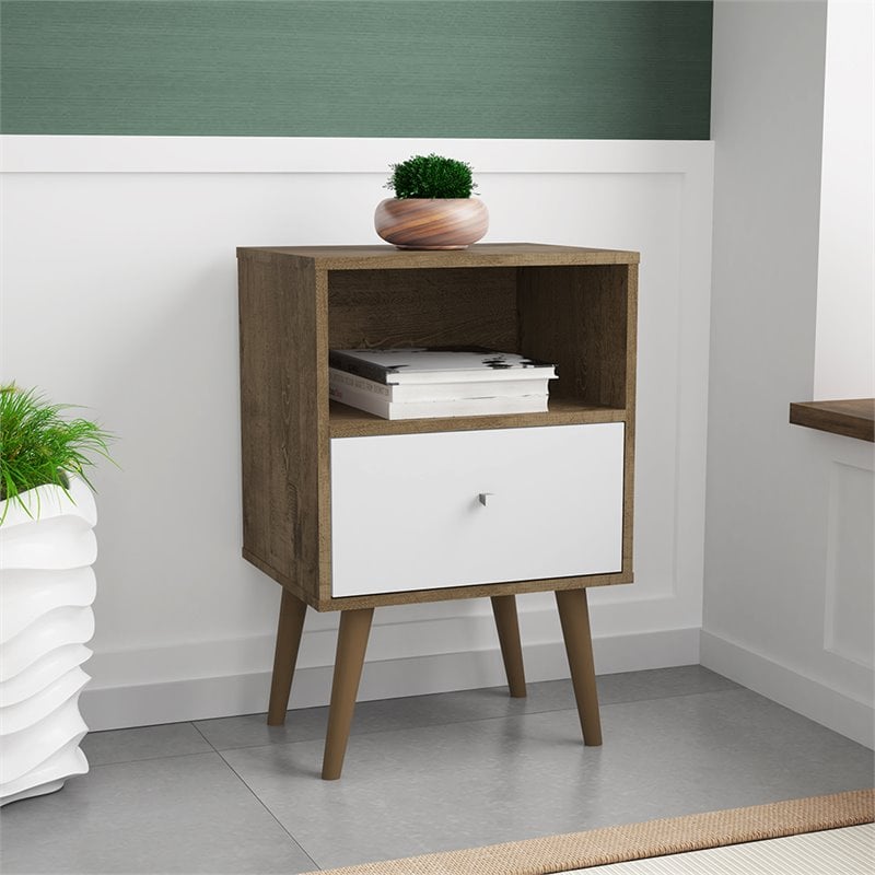 Pemberly Row 1-Drawer Wood Nightstand 1.0 in White / Rustic Brown