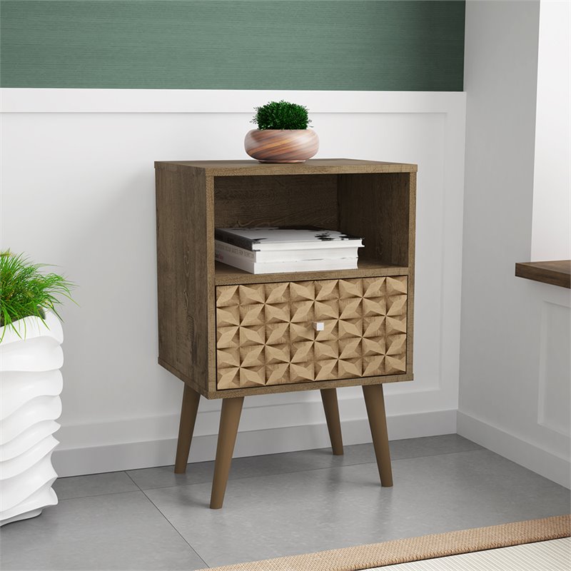 Pemberly Row 1-Drawer Wood Nightstand in Rustic Brown & 3D Prints