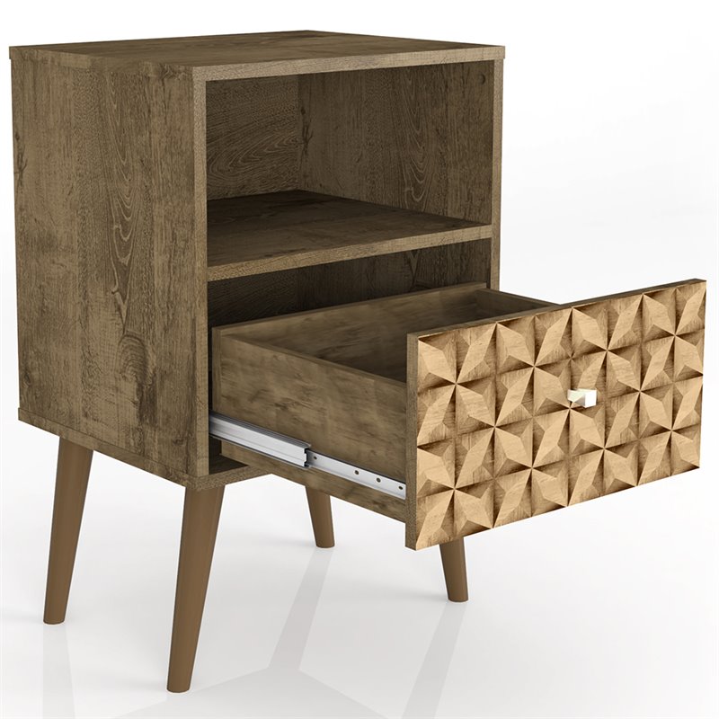 Pemberly Row 1-Drawer Wood Nightstand in Rustic Brown & 3D Prints