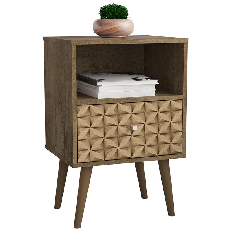 Pemberly Row 1-Drawer Wood Nightstand in Rustic Brown & 3D Prints