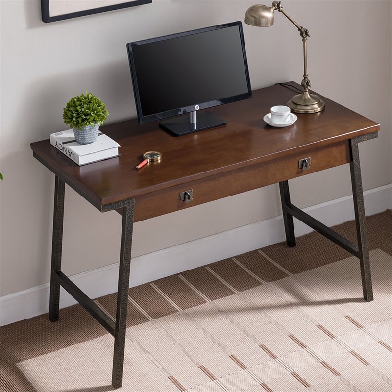 Pemberly Row Wood Computer Desk in Walnut and Foundry Bronze