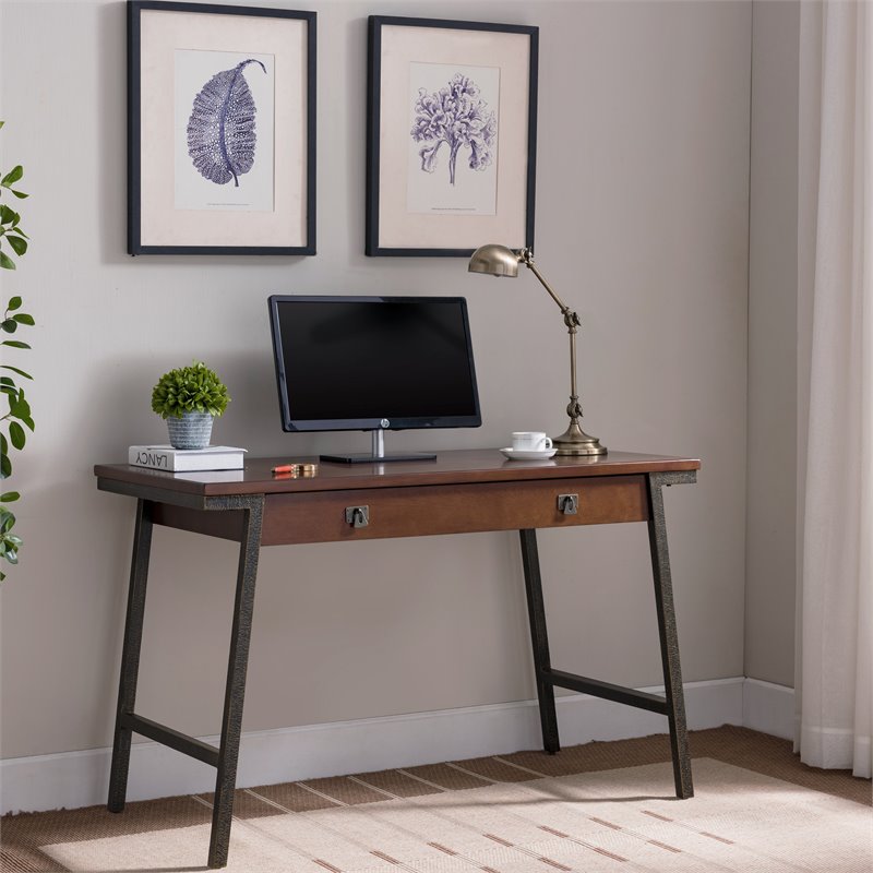 Pemberly Row Wood Computer Desk in Walnut and Foundry Bronze