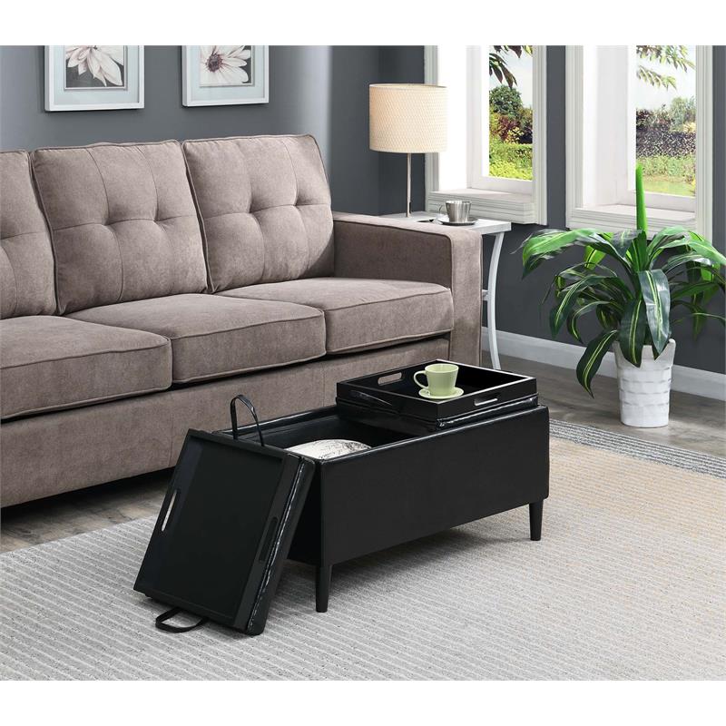 Pemberly Row Modern Storage Ottoman with Trays in Black Vinyl