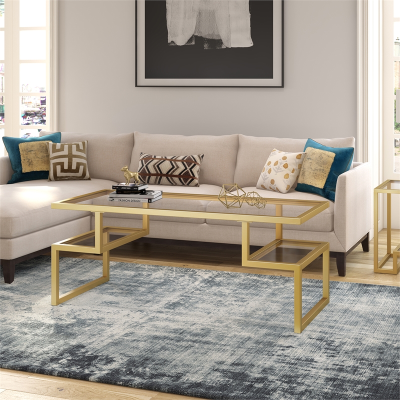 Pemberly Row Metal Hollywood Gold Coffee Table with Glass Top