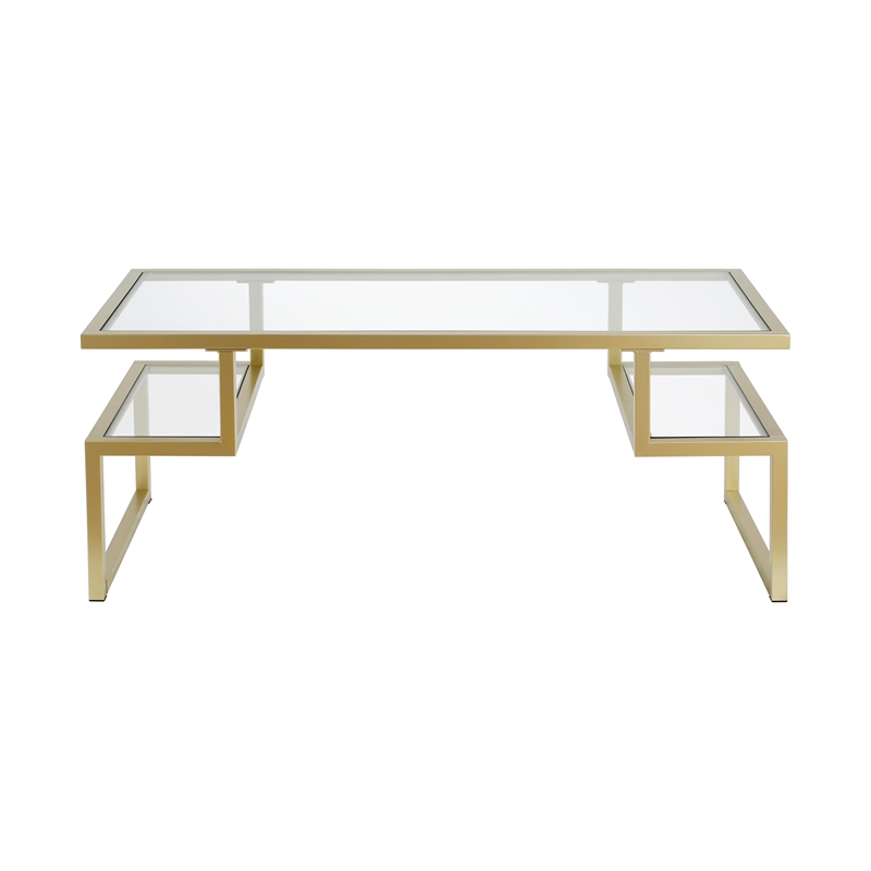 Pemberly Row Metal Hollywood Gold Coffee Table with Glass Top