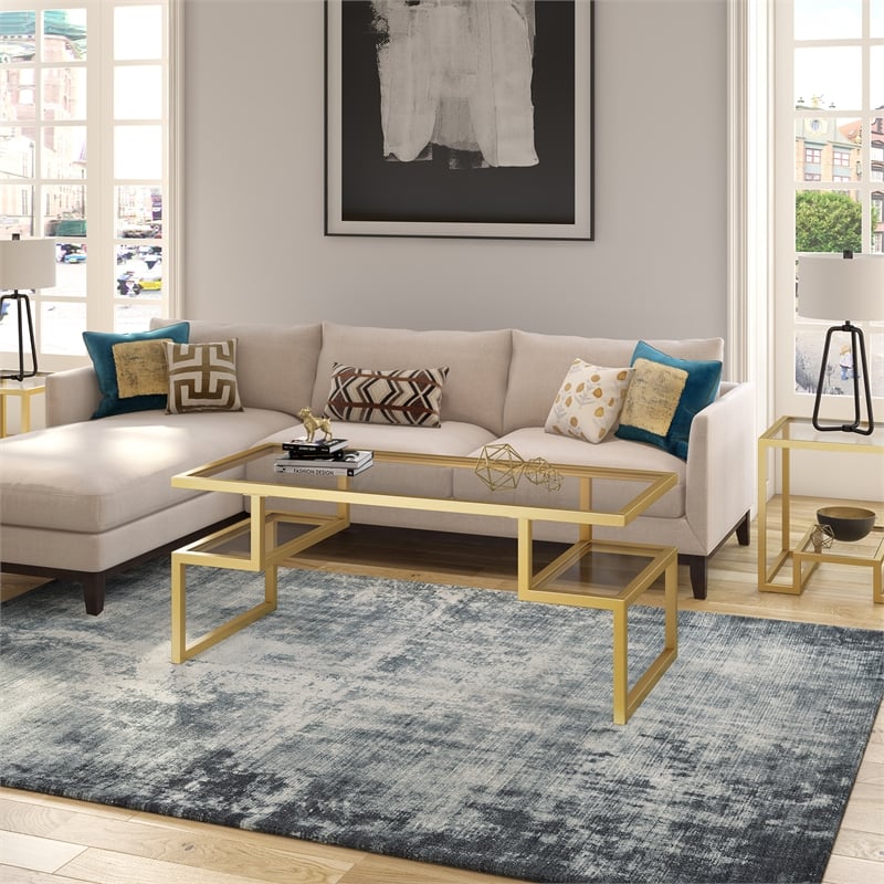 Pemberly Row Metal Hollywood Gold Coffee Table with Glass Top