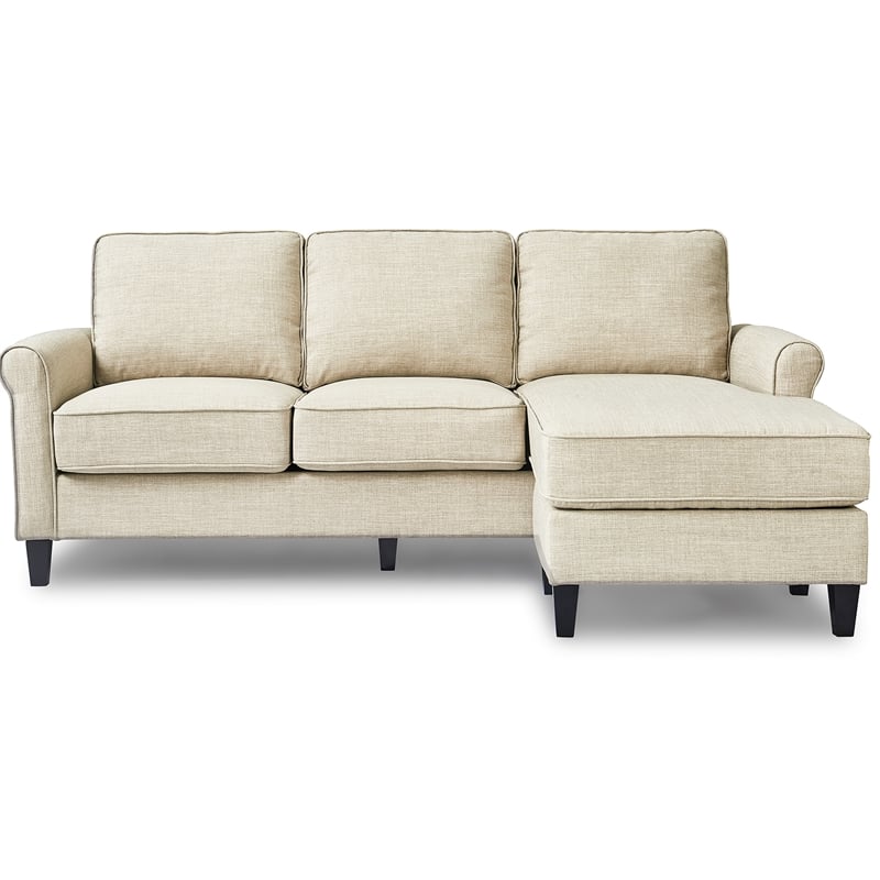 Pemberly Row Contemporary Soft Fabric Upholstered Roll Arm Sectional in Cream