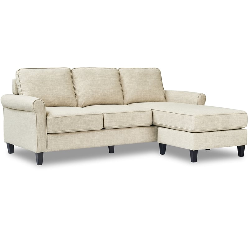 Pemberly Row Contemporary Soft Fabric Upholstered Roll Arm Sectional in Cream
