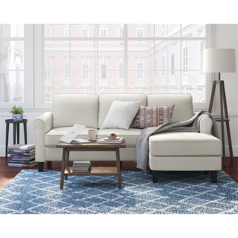 Pemberly Row Contemporary Soft Fabric Upholstered Roll Arm Sectional in Cream