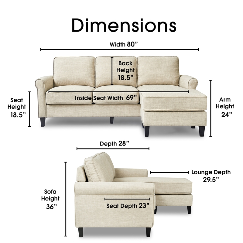 Pemberly Row Contemporary Soft Fabric Upholstered Roll Arm Sectional in Cream