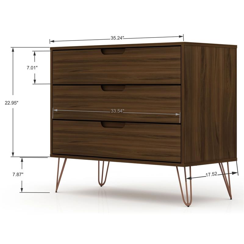 Pemberly Row Contemporary 3-Drawer Wood Dresser in Brown Finish