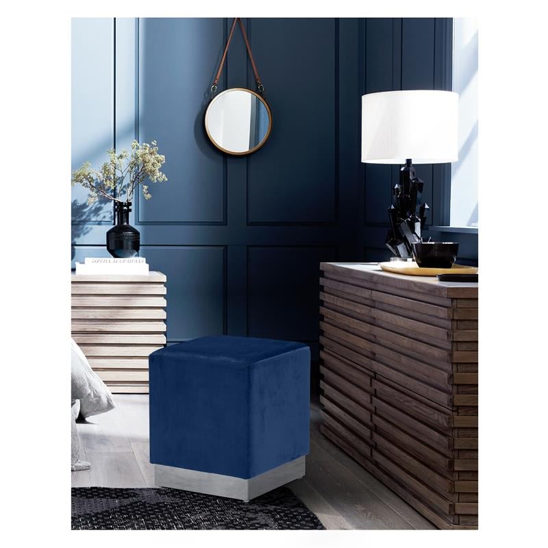 Pemberly Row Contemporary Velvet Ottoman / Stool in Navy Finish