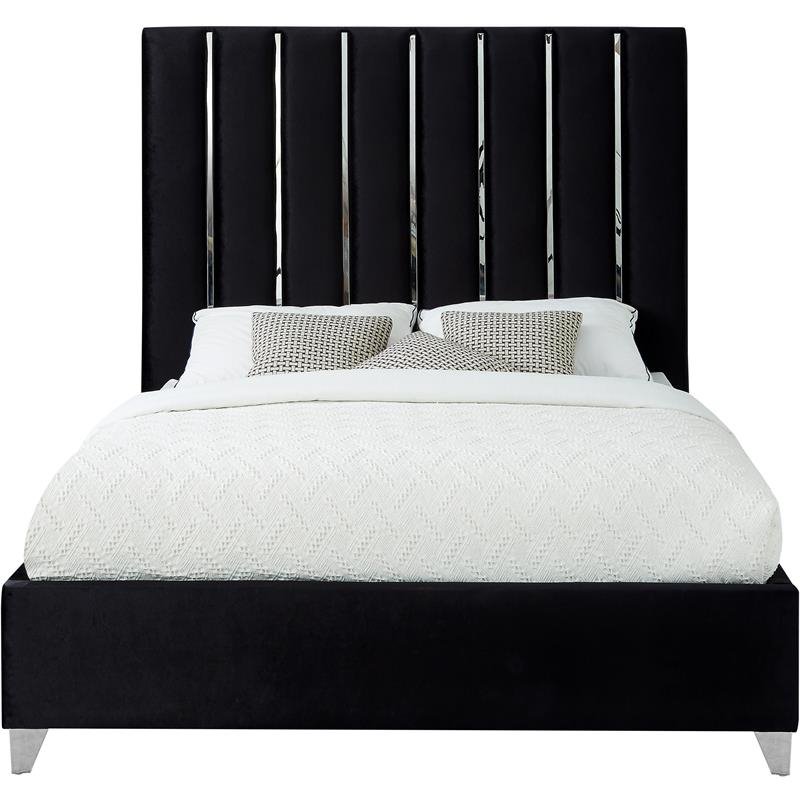 Pemberly Row Contemporary Solid Wood and Velvet Full Bed in Black
