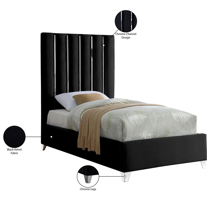 Pemberly Row Contemporary Solid Wood and Velvet Twin Bed in Black