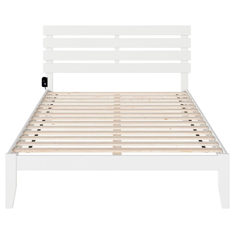 Pemberly Row Solid Wood Queen Bed with USB Charging Station in White