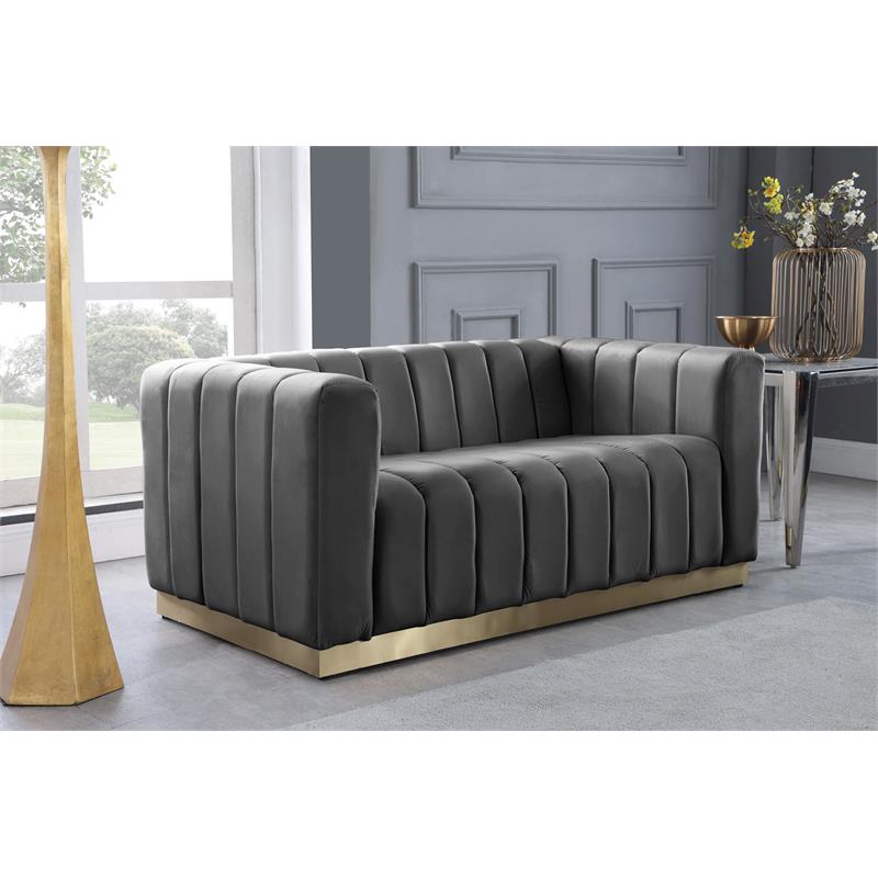 Pemberly Row Contemporary Gray Velvet Loveseat with Sturdy Stainless Steel Base