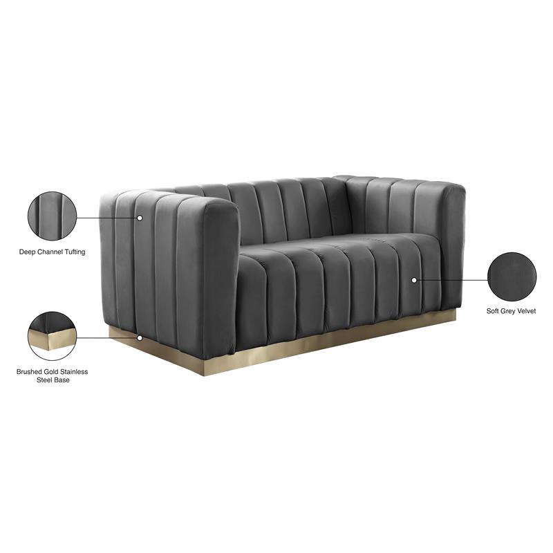 Pemberly Row Contemporary Gray Velvet Loveseat with Sturdy Stainless Steel Base