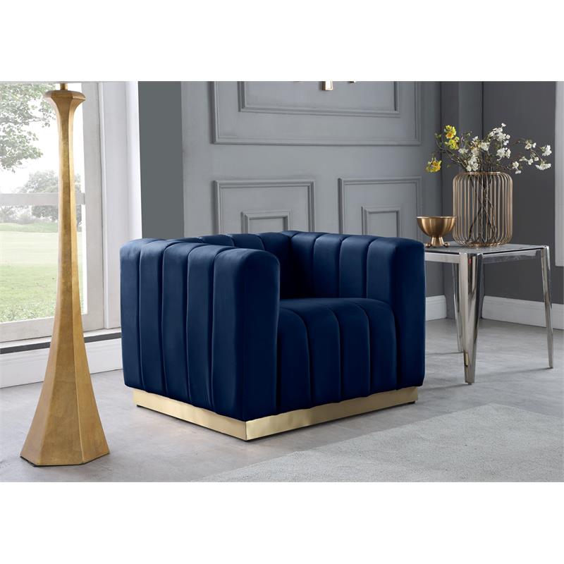 Pemberly Row Contemporary Navy Velvet Chair with Sturdy Stainless Steel Base