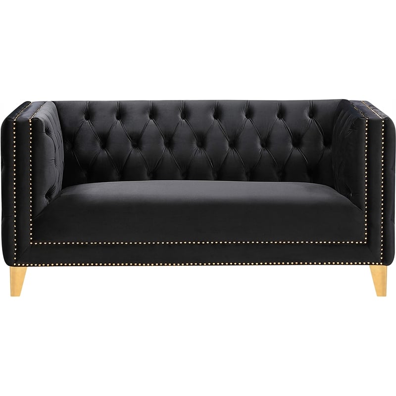 Pemberly Row Contemporary Deep Button Tufted Black Velvet Loveseat