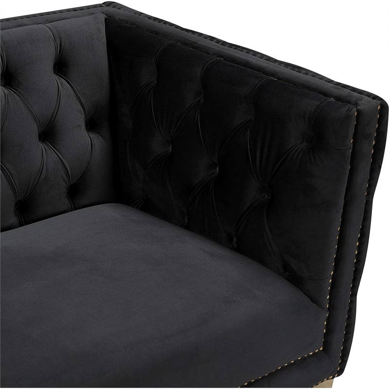 Pemberly Row Contemporary Deep Button Tufted Black Velvet Loveseat