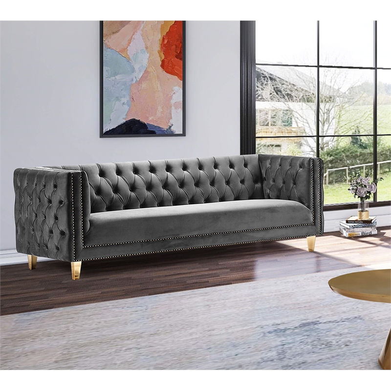 Pemberly Row Contemporary Deep Button Tufted Gray Velvet Sofa