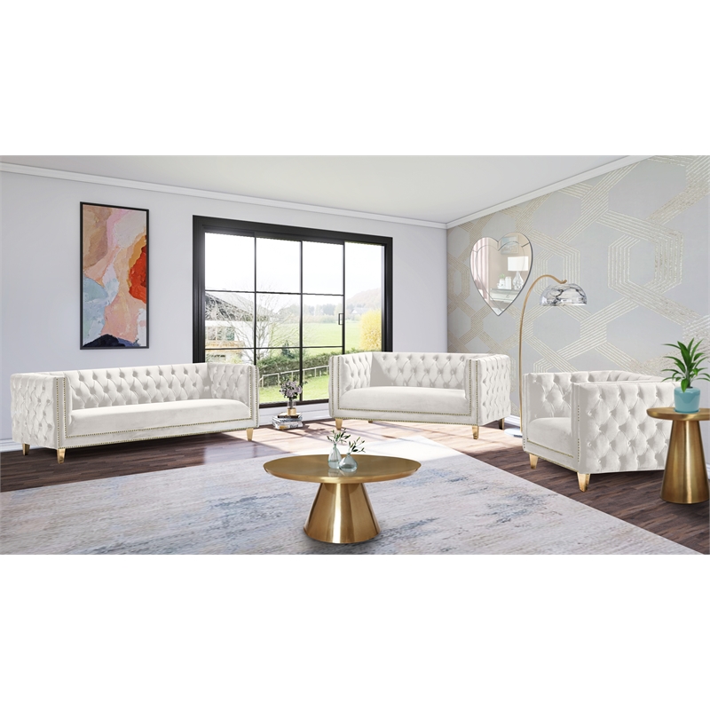 Pemberly Row ContemporaryDeep Button Tufted Cream Velvet Loveseat