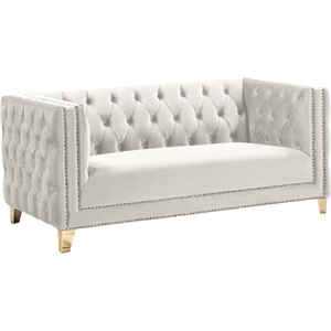 Pemberly Row ContemporaryDeep Button Tufted Cream Velvet Loveseat