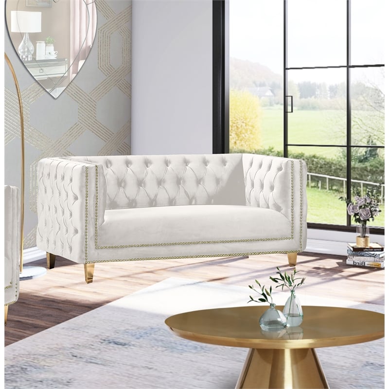 Pemberly Row ContemporaryDeep Button Tufted Cream Velvet Loveseat