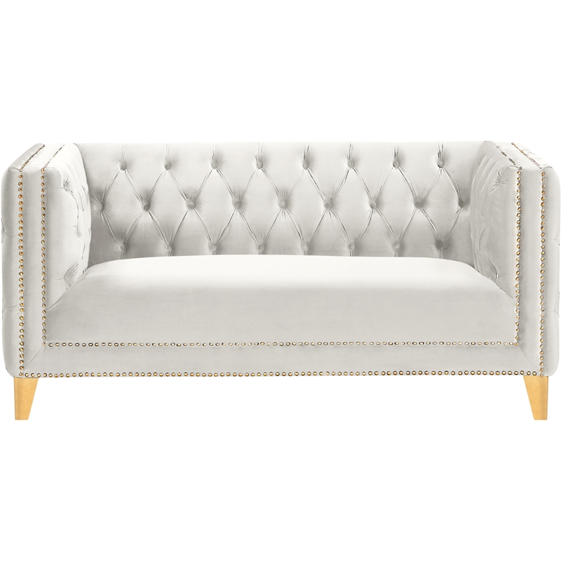 Pemberly Row ContemporaryDeep Button Tufted Cream Velvet Loveseat