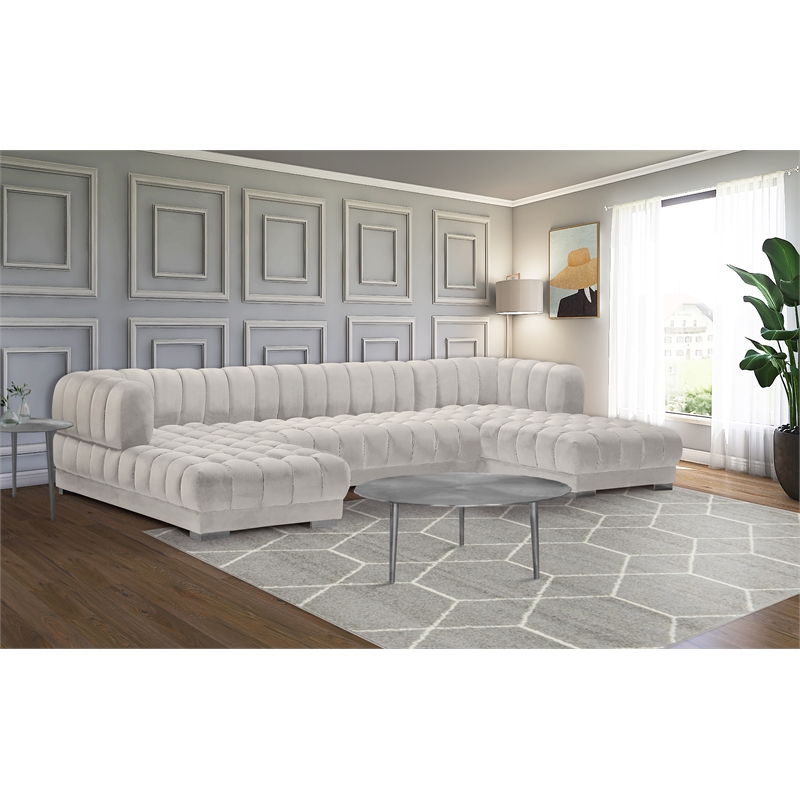 Pemberly Row Contemporary Cream Finish Velvet 3pc. Sectional