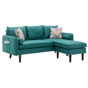 Pemberly Row Fabric Sectional Sofa Chaise with USB Charger & Pillows in Green