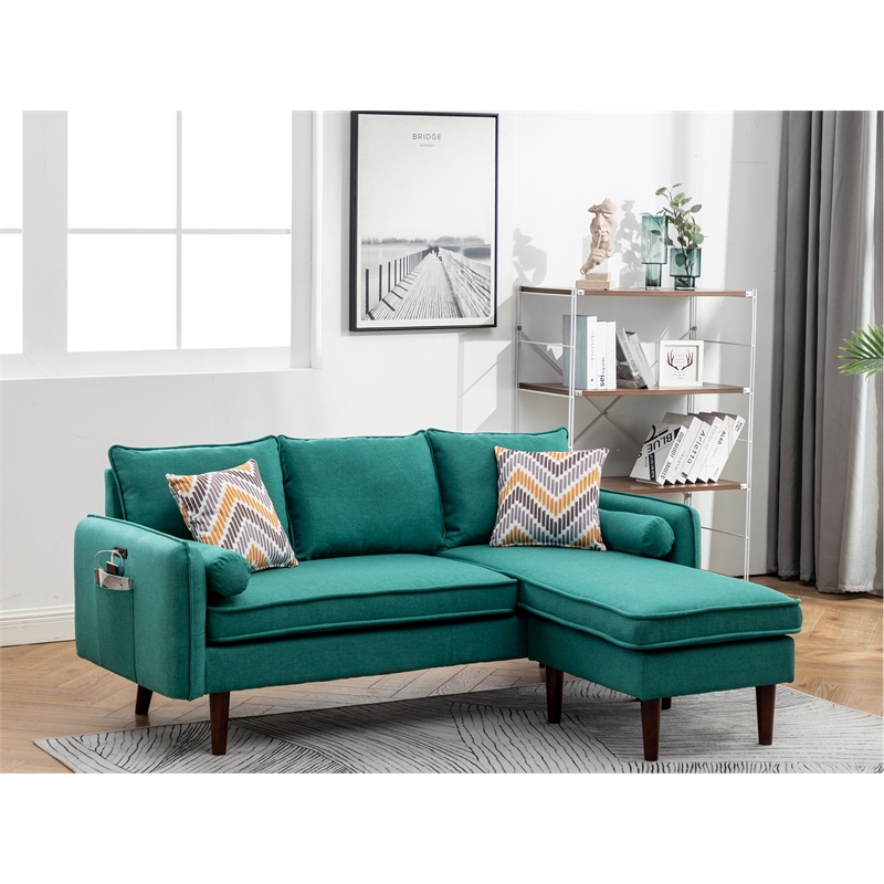 Pemberly Row Fabric Sectional Sofa Chaise with USB Charger & Pillows in Green
