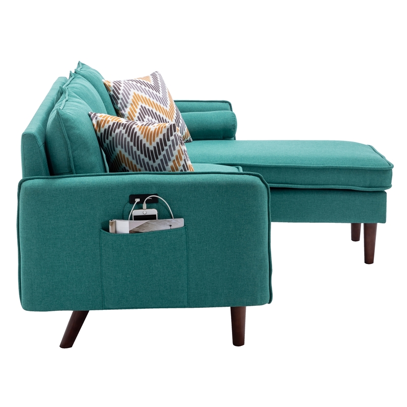 Pemberly Row Fabric Sectional Sofa Chaise with USB Charger & Pillows in Green
