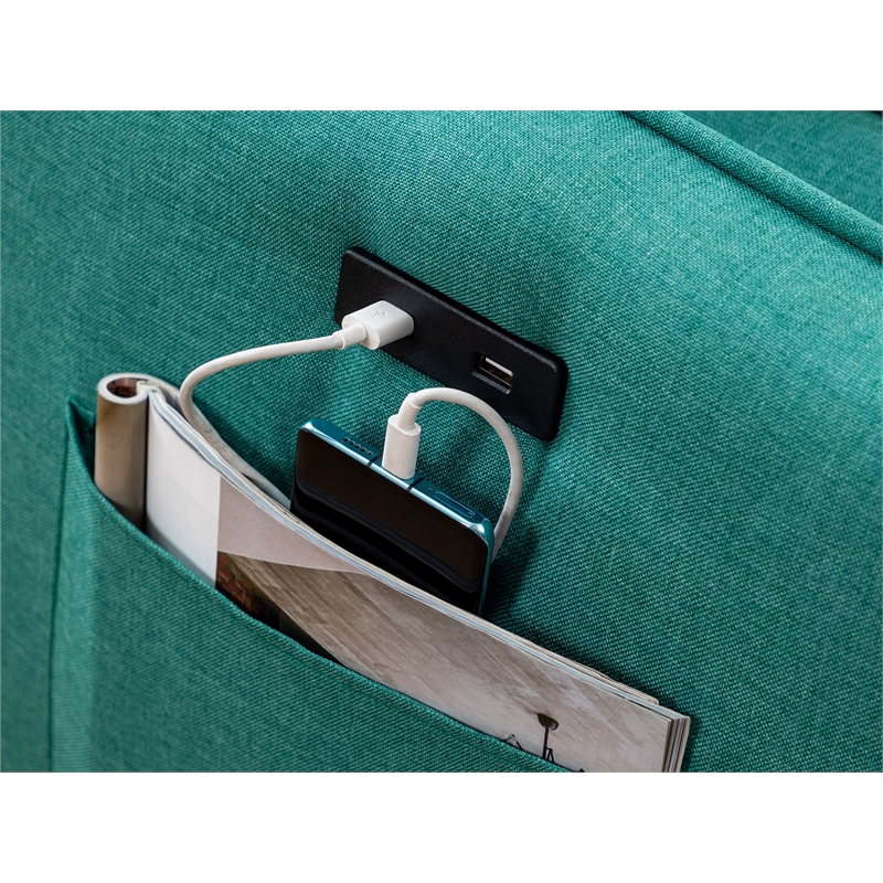 Pemberly Row Fabric Sectional Sofa Chaise with USB Charger & Pillows in Green