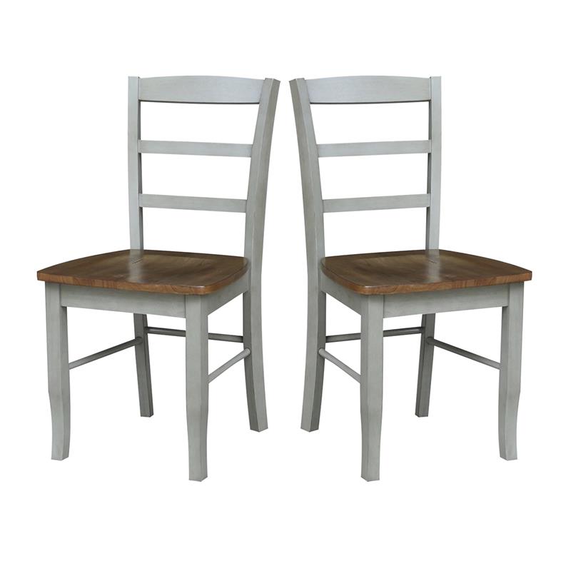 Pemberly Row Set of 2 Solid Wood Ladderback Chairs in Distressed Hickory / Stone