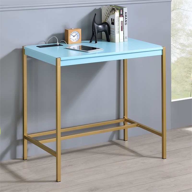 Pemberly Row Modern Wood Writing Desk with USB Port in Aruba Blue