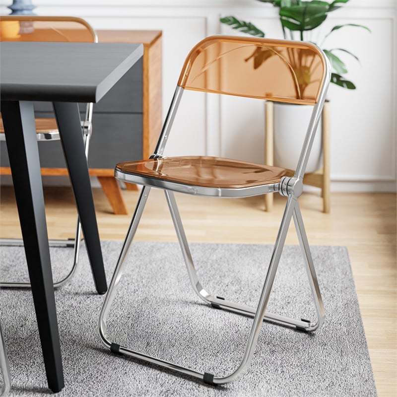 Pemberly Row Acrylic Folding Chair With Metal Frame in Tangerine