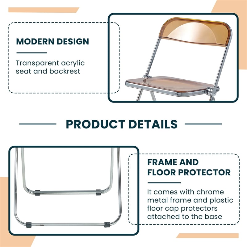 Pemberly Row Acrylic Folding Chair With Metal Frame in Tangerine
