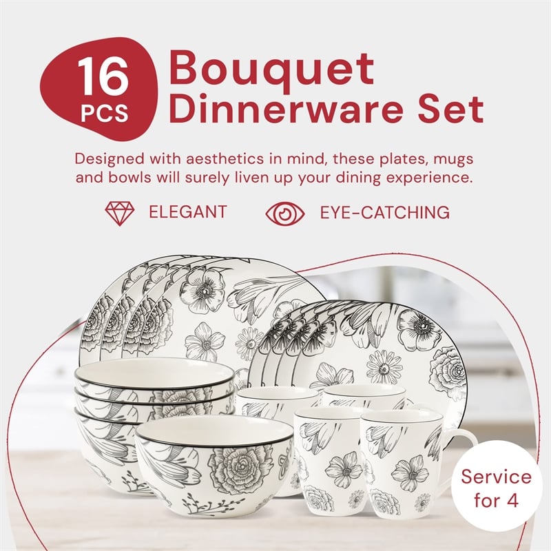 Pemberly Row Modern Porcelain Dinnerset 16 Piece Porcelain Bouquet