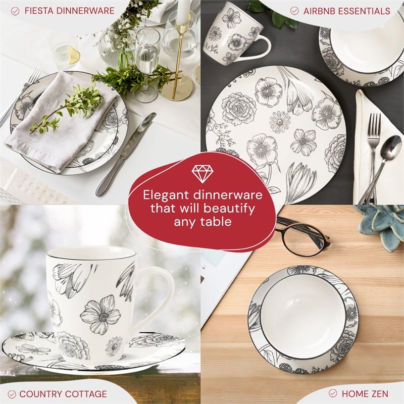 Pemberly Row Modern Porcelain Dinnerset 16 Piece Porcelain Bouquet