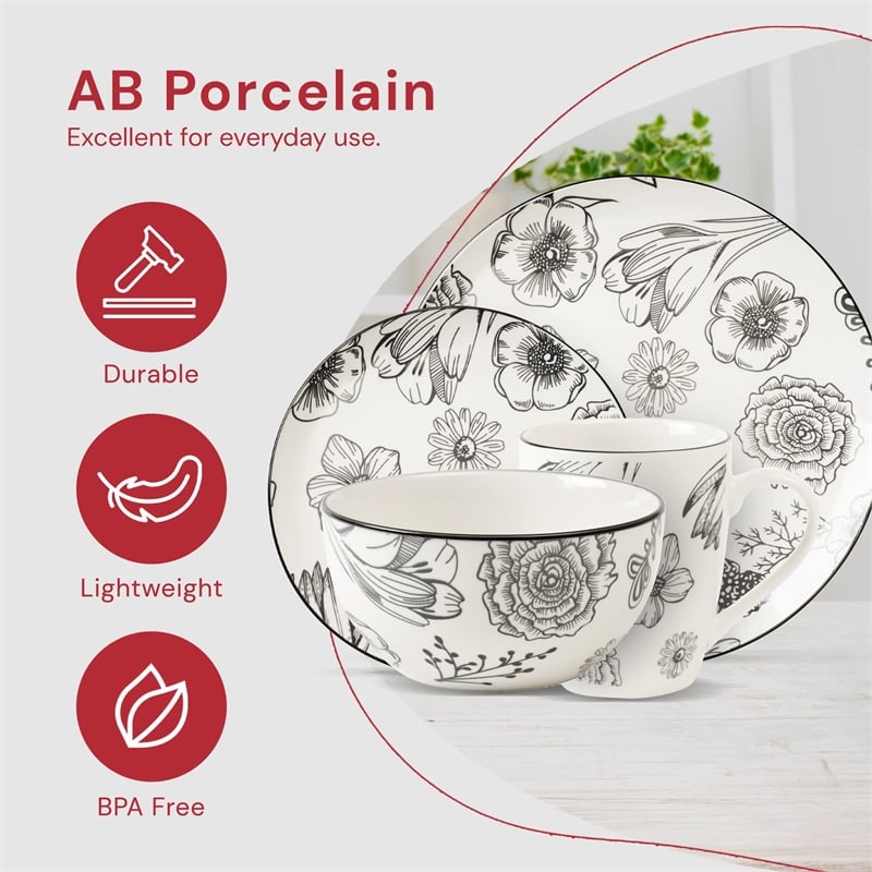 Pemberly Row Modern Porcelain Dinnerset 16 Piece Porcelain Bouquet