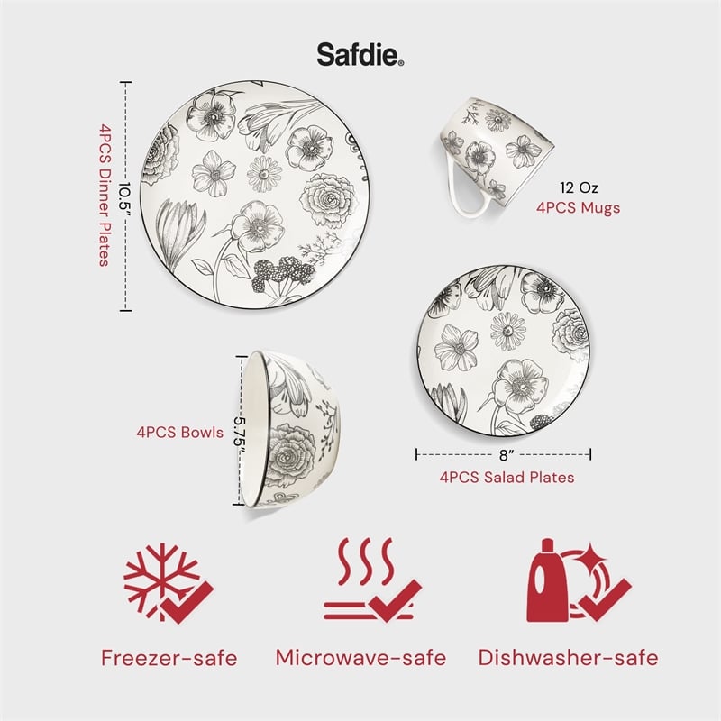 Pemberly Row Modern Porcelain Dinnerset 16 Piece Porcelain Bouquet
