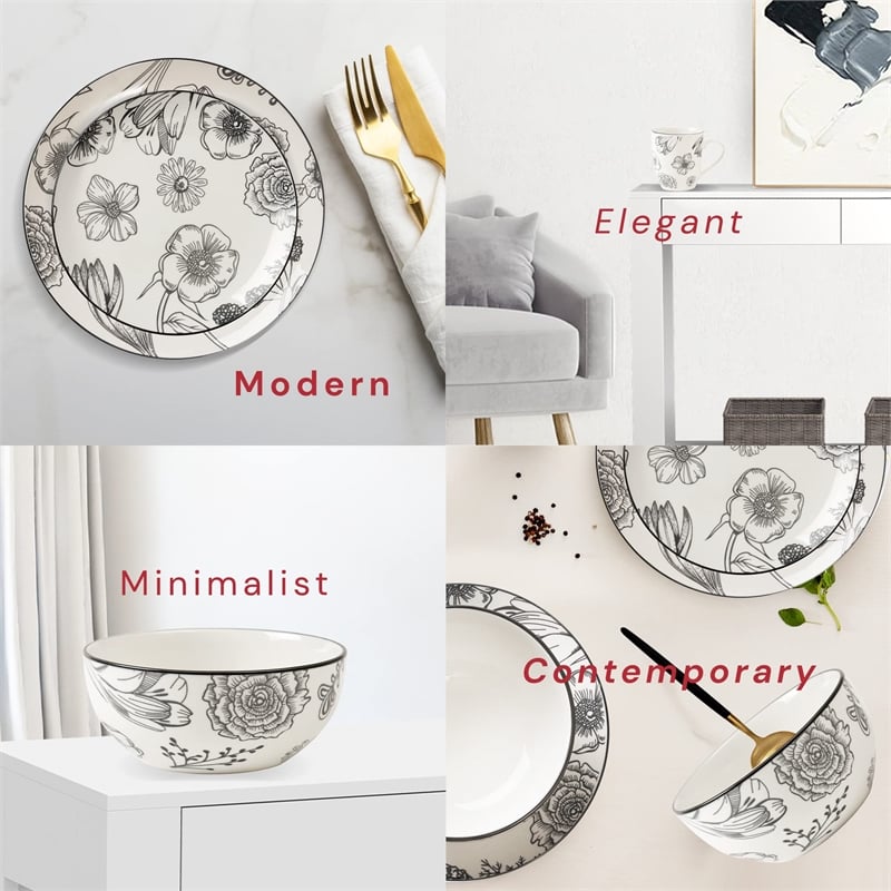 Pemberly Row Modern Porcelain Dinnerset 16 Piece Porcelain Bouquet