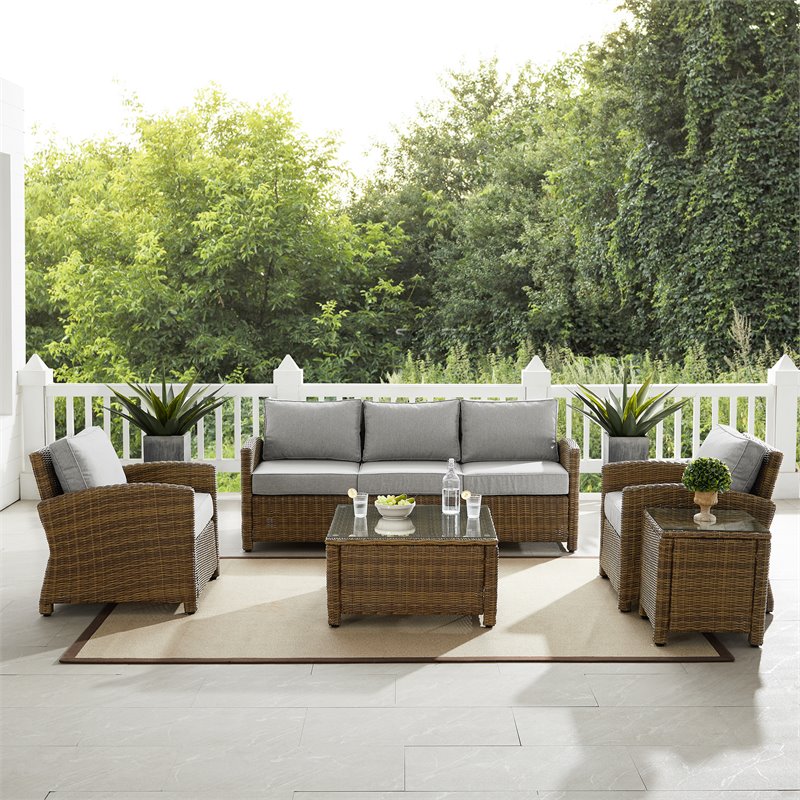 Pemberly Row Modern 5Pc Outdoor Fabric Sofa Set in Gray & Brown
