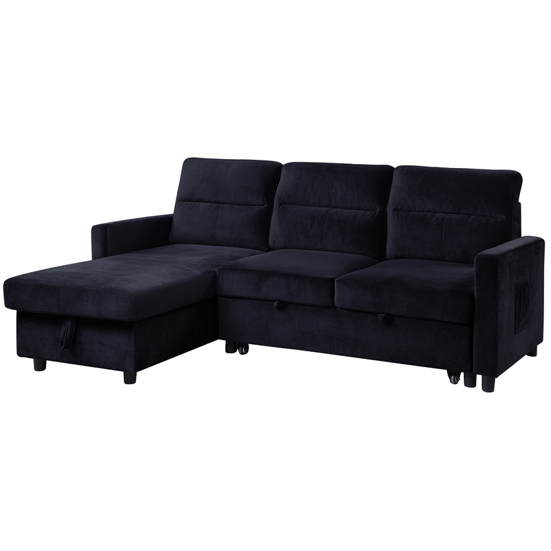 Pemberly Row Velvet Reversible Sleeper Sectional with Storage in Black