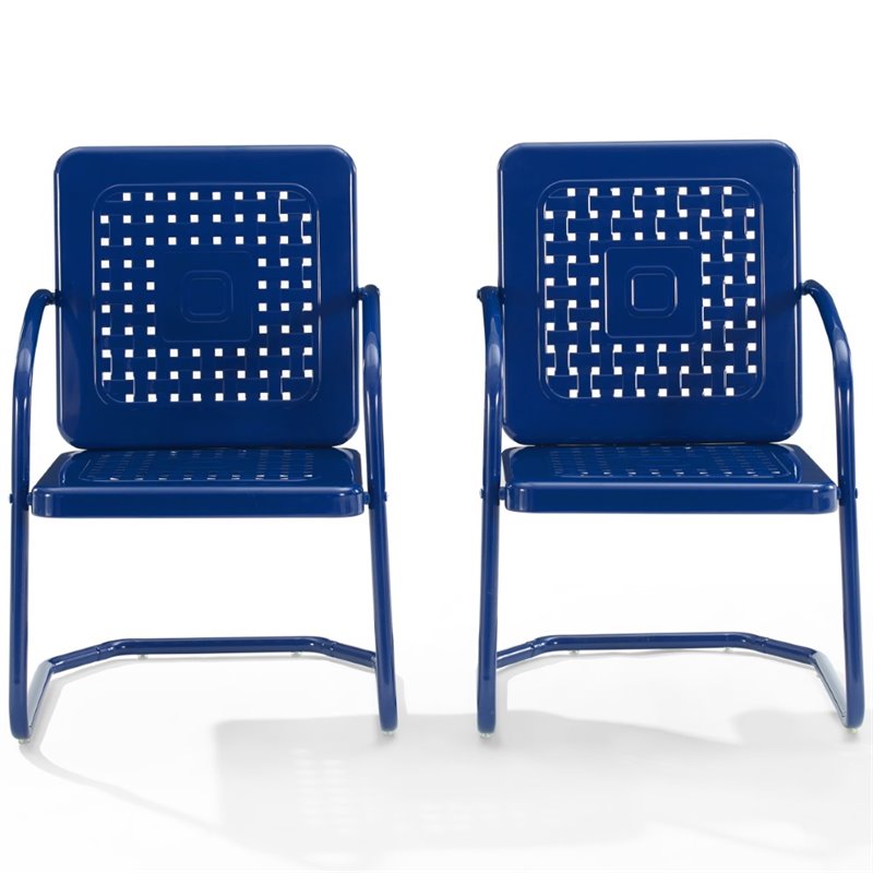 Pemberly Row Metal Patio Dining Arm Chair in Glossy Navy (Set of 2)