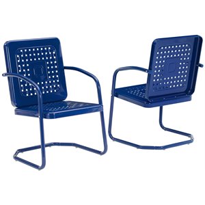 Pemberly Row Metal Patio Dining Arm Chair in Glossy Navy (Set of 2)