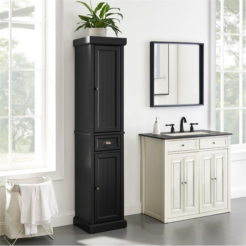 Pemberly Row Tall Coastal Wood Linen Cabinet in Distressed Black